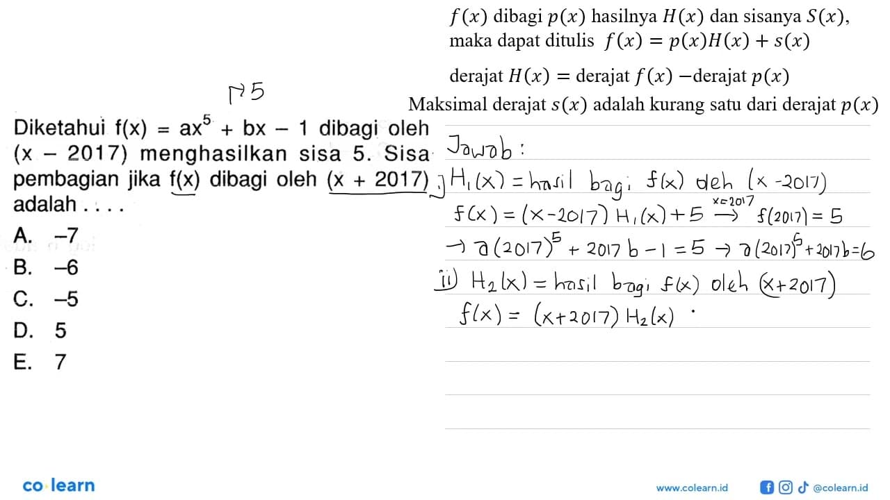 Diketahui f(x)=ax^5 + bX -1 dibagi oleh (x -2017)