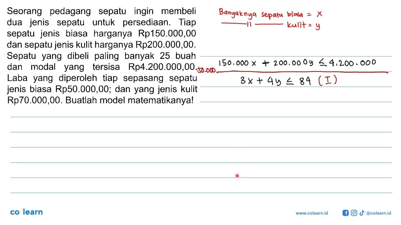 Seorang pedagang sepatu ingin membeli jenis dua sepatu