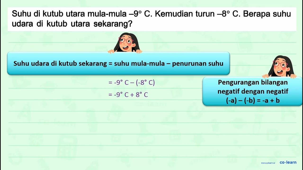 Suhu di kutub utara mula-mula -9C. Kemudian turun -8C.