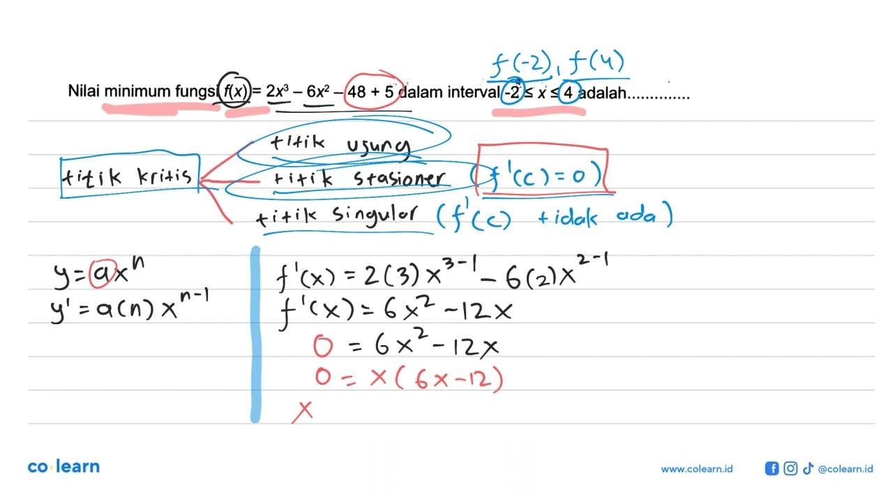 Nilai minimum fungsi f(x)=2x^3-6x^2-48+5 dalam interval