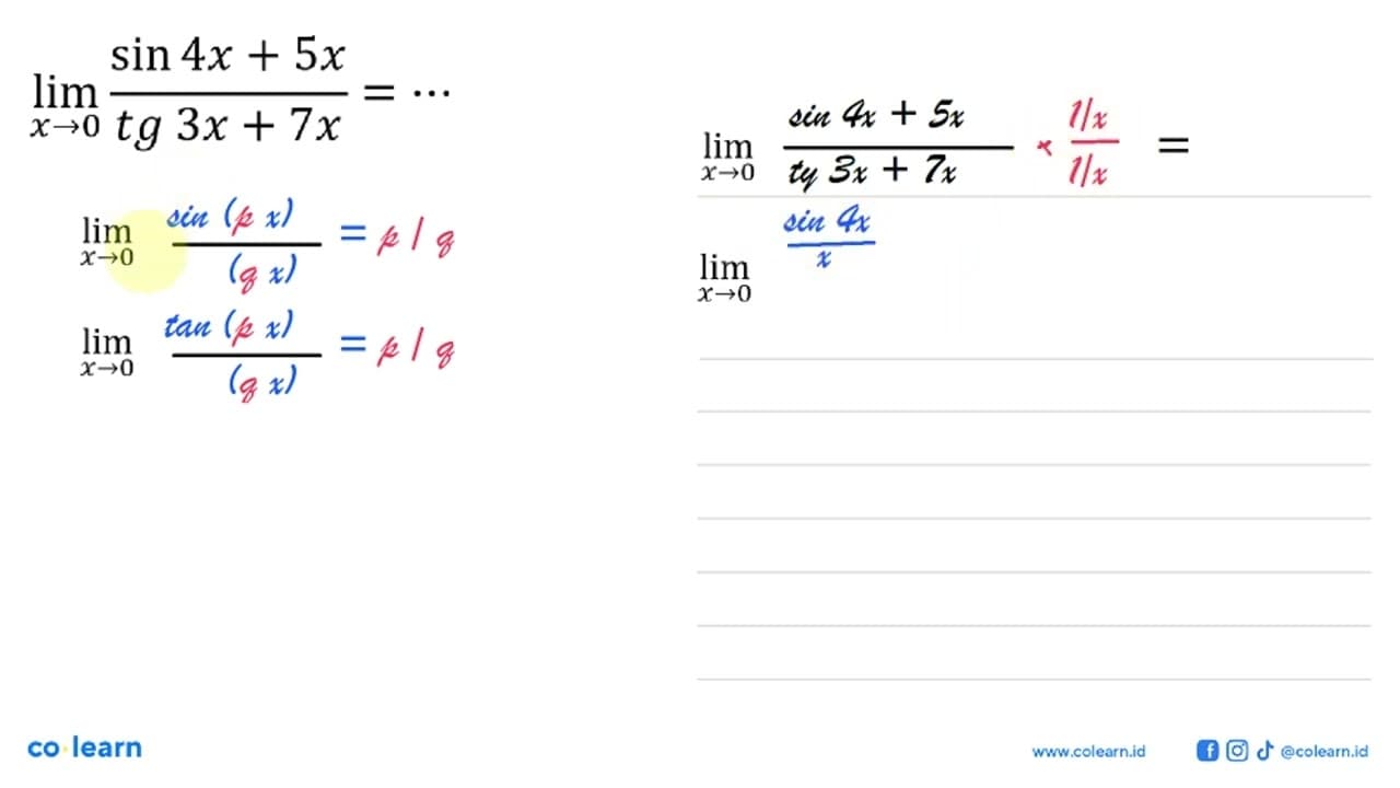 lim x->0 ((sin 4x + 5x)/(tg 3x + 7x))