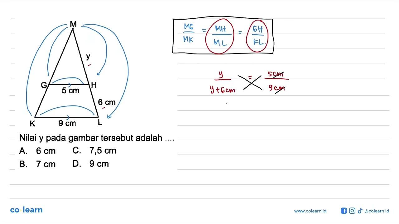 5 cm 6 cm 9 cm Nilai y pada gambar tersebut adalah ...