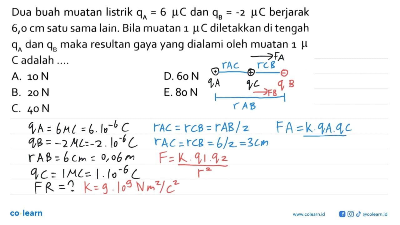 Dua buah muatan listrik qA=6 mu C dan qB=-2 mu C berjarak