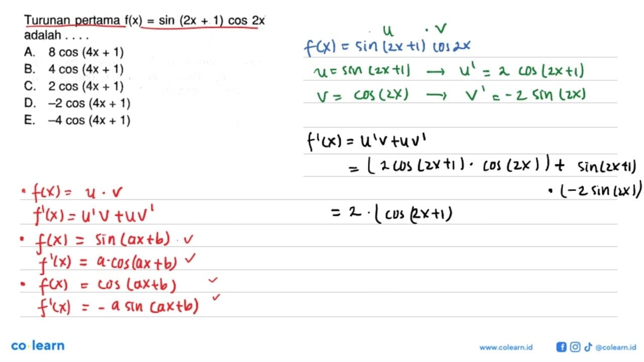 Turunan pertama f(x) = sin(2x+1) cos 2x adalah....