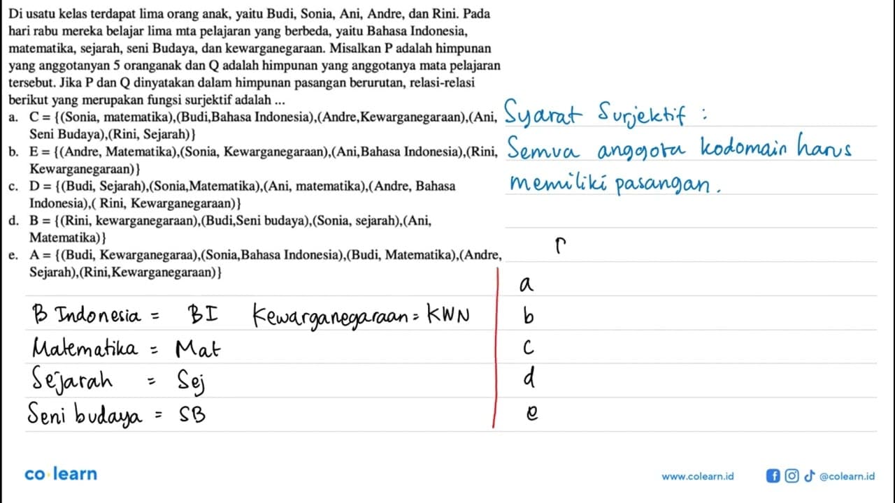 Di suatu kelas terdapat lima orang anak, yaitu Budi, Sonia,