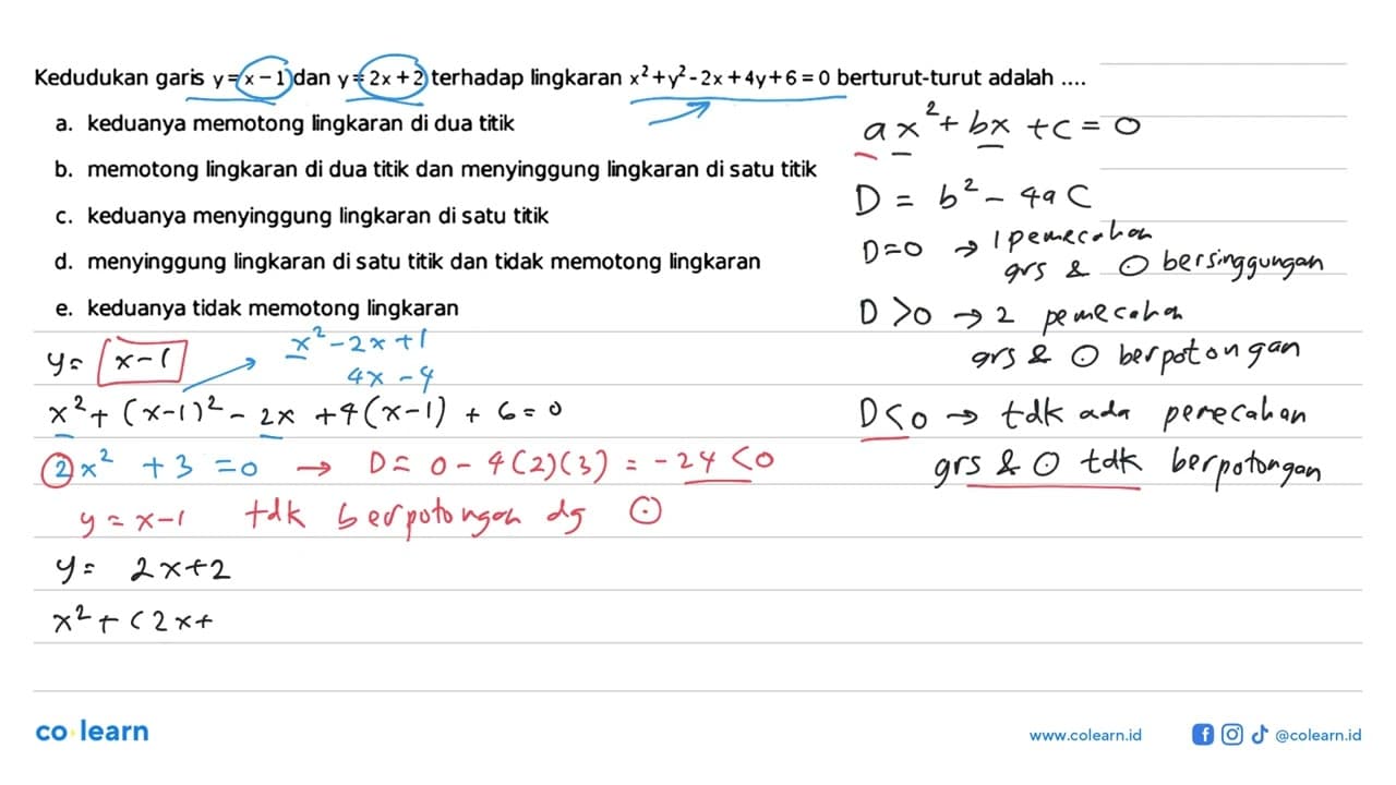 Kedudukan garis y=x-1 dan y=2x+2 terhadap lingkaran