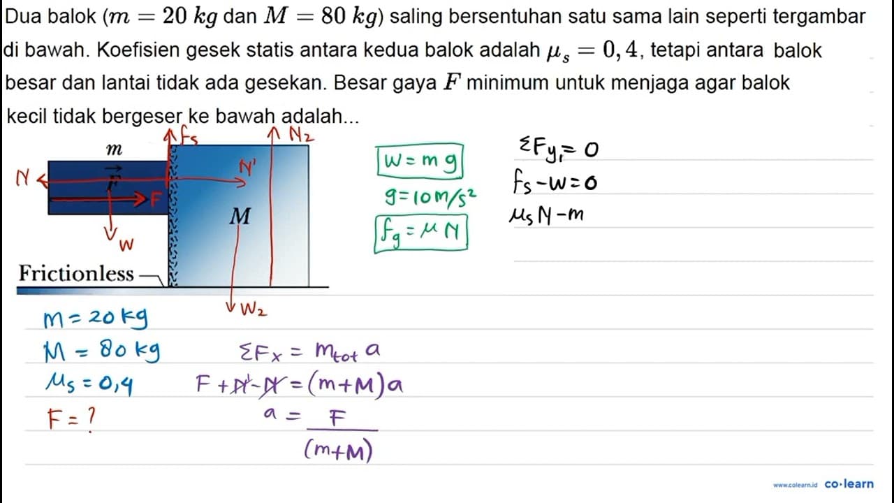 Dua balok (m=20 kg dan M=80 kg ) saling bersentuhan satu