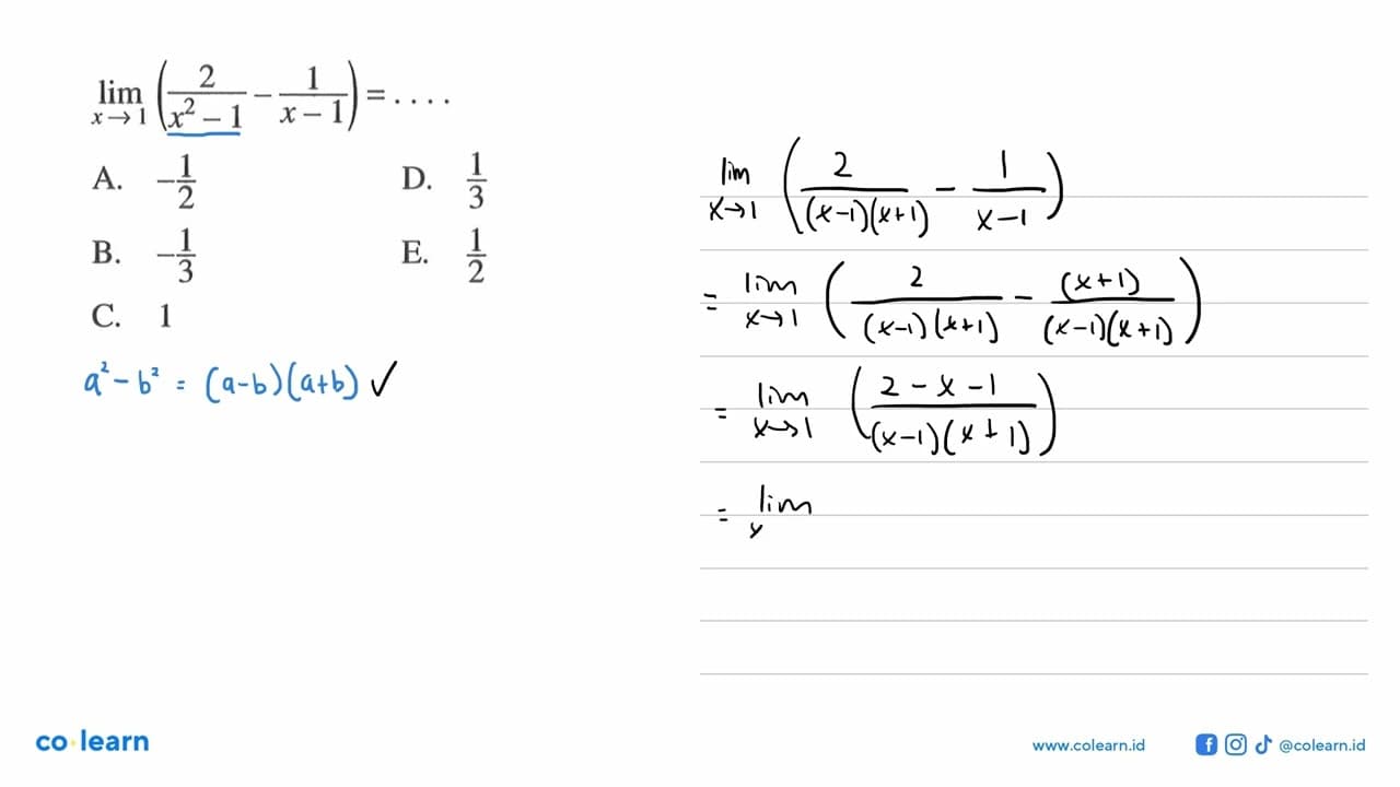 lim x->1 (2/(x^2-1)-1/(x-1))=