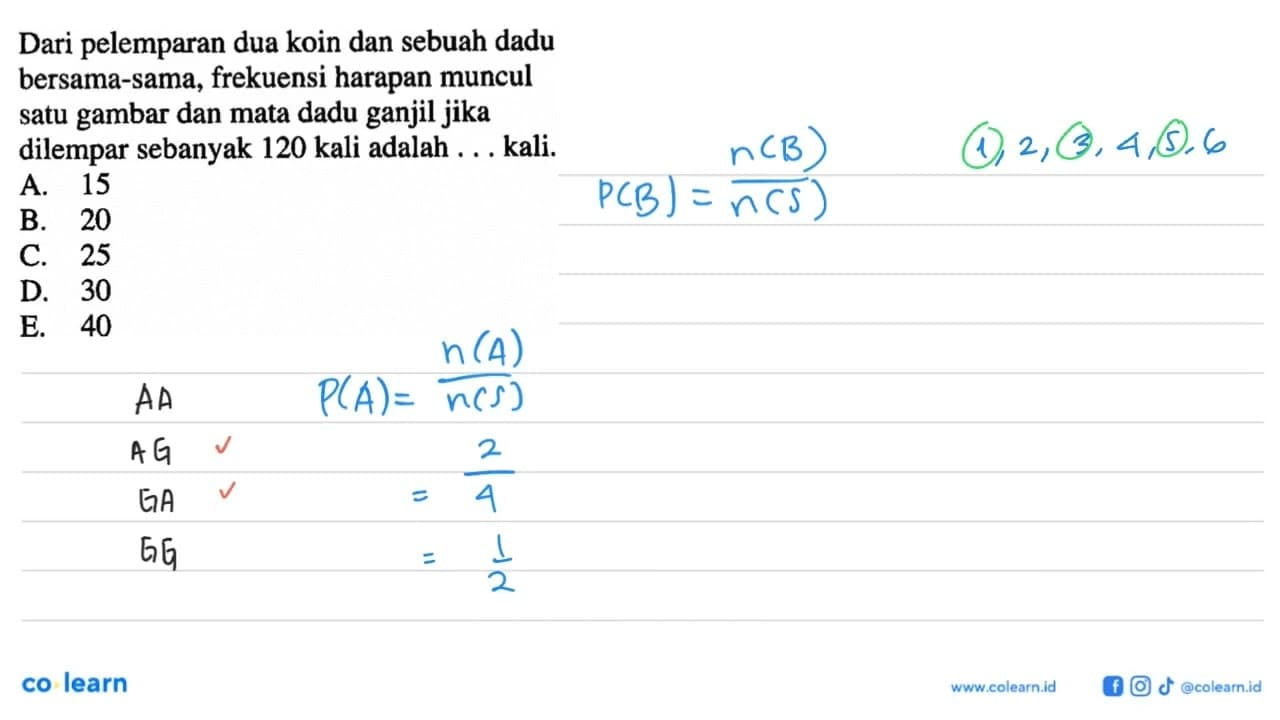 Dari pelemparan dua koin dan sebuah dadu bersama-sama,