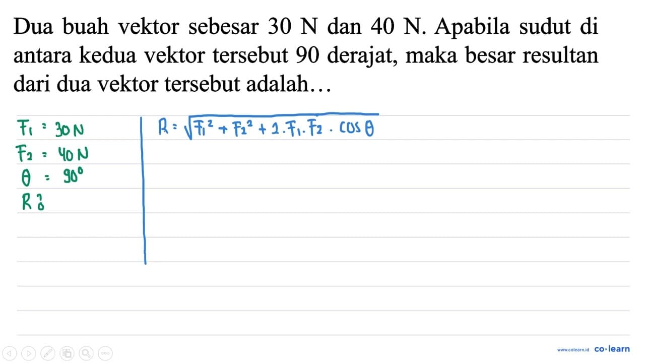 Dua buah vektor sebesar 30 N dan 40 N . Apabila sudut di