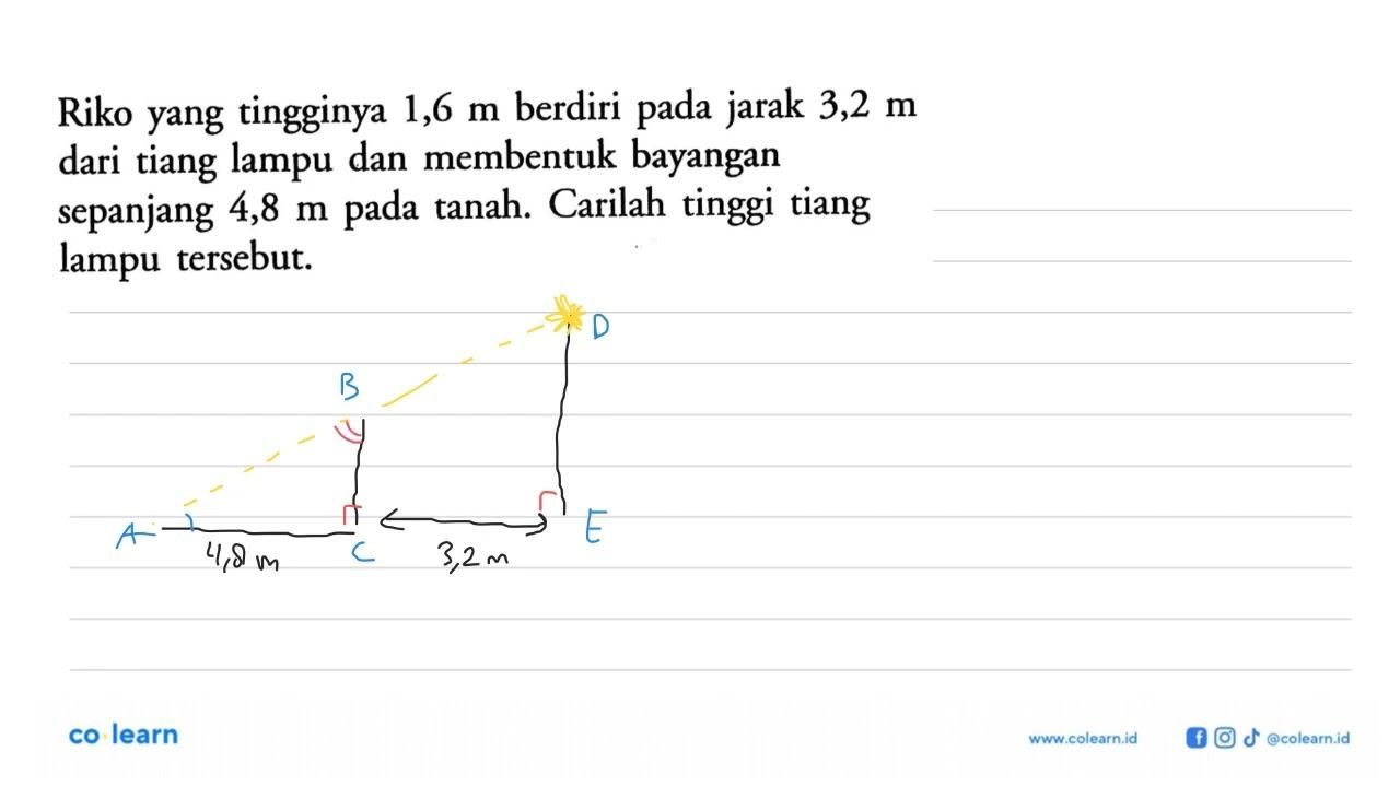 Riko yang tingginya 1,6 m berdiri pada jarak 3,2 m dari