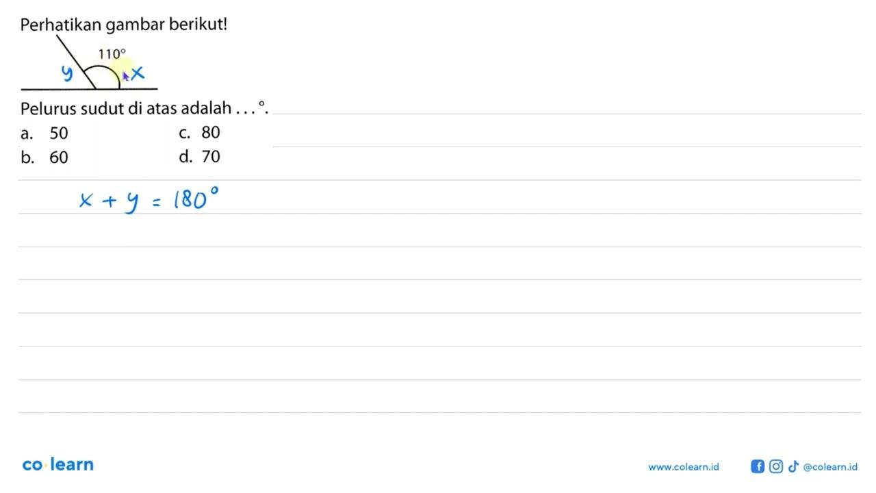 Perhatikan gambar berikut! sudut 110 Pelurus sudut di atas