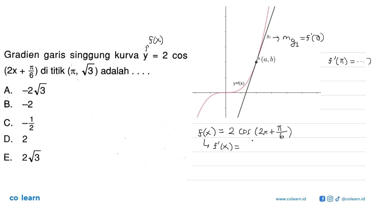 Gradien garis singgung kurva y=2cos(2x+pi/6) di titik (pi,