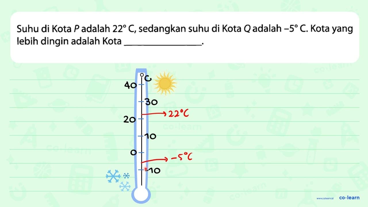 Suhu di Kota P adalah 22 C, sedangkan suhu di Kota Q adalah