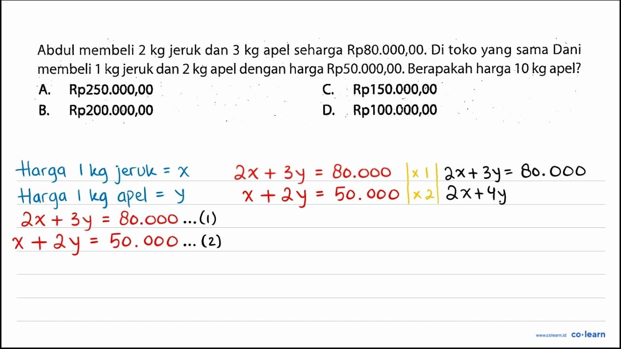 Abdul membeli 2 kg jeruk dan 3 kg apel seharga Rp80.000,00.