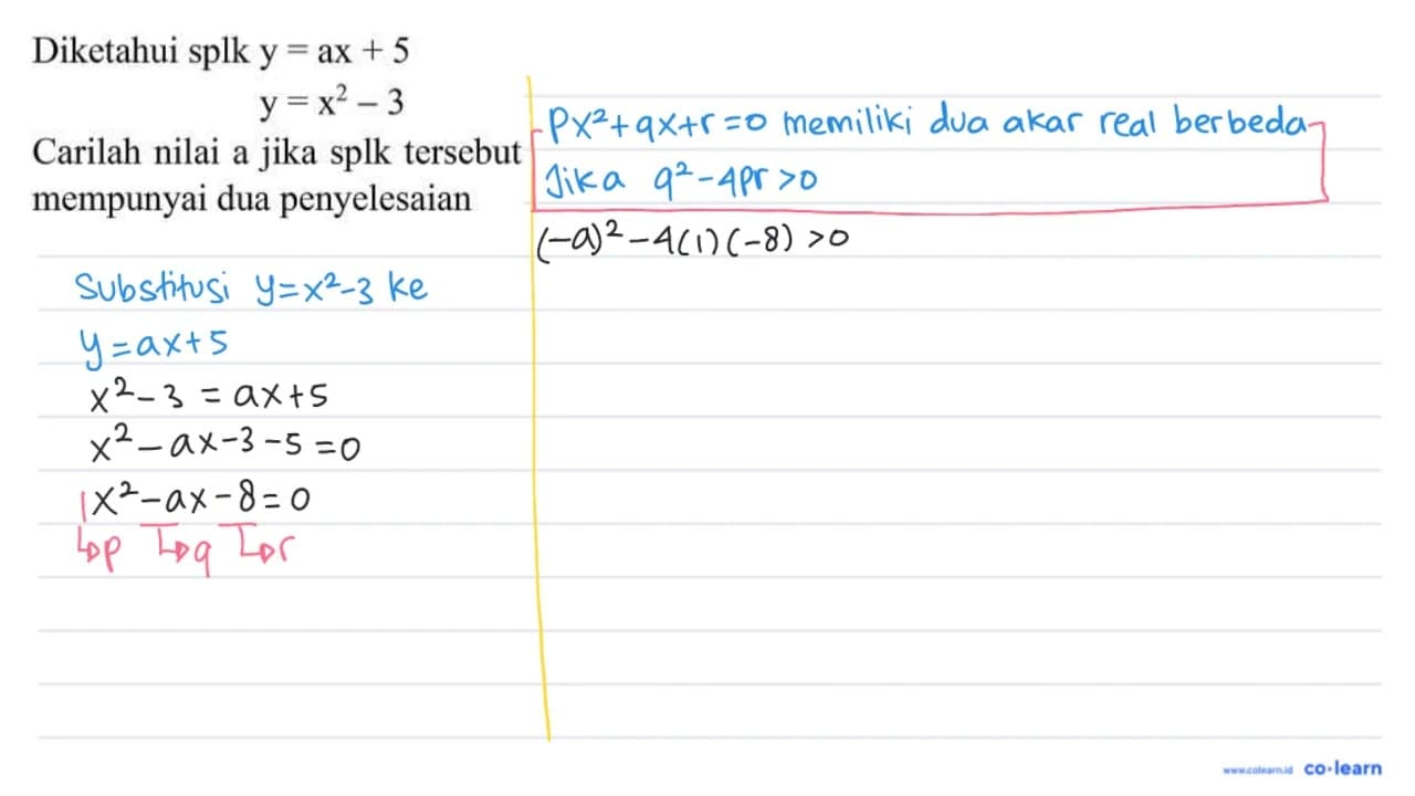 Diketahui splk y=a x+5 y=x^(2)-3 Carilah nilai a jika splk