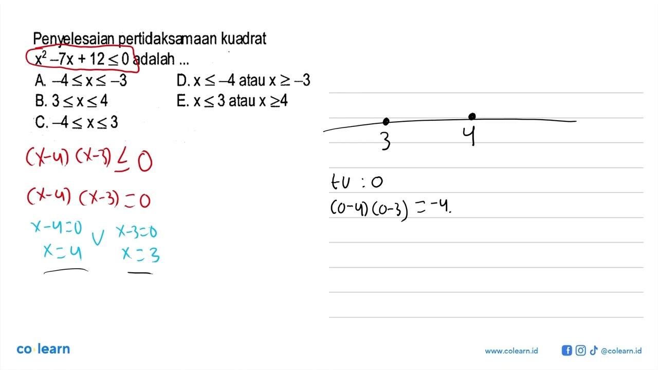 Penyelesaian pertidaksamaan kuadrat x^2-7x+12<=0 adalah