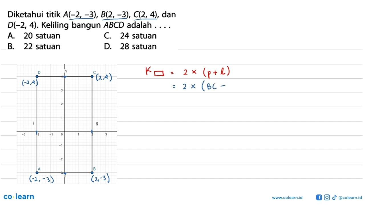 Diketahui titik A(-2, -3), B(2, -3), C(2, 4), dan D(-2, 4).