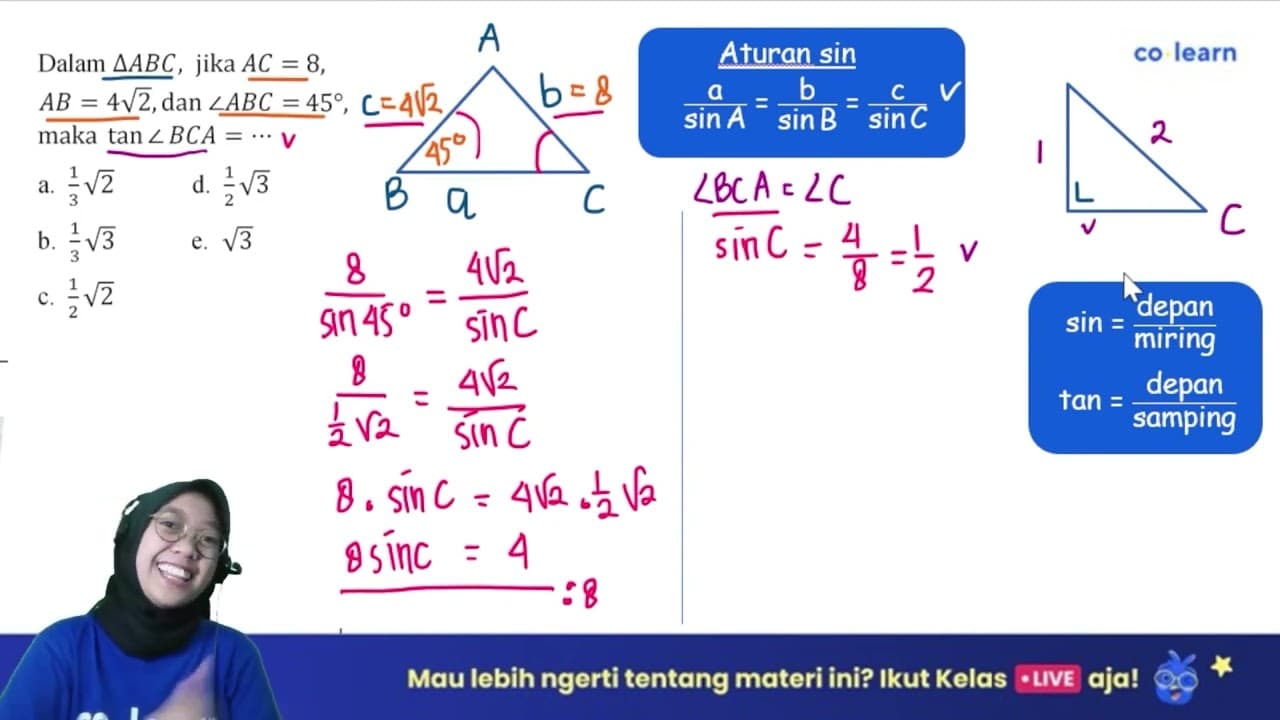 Dalam segitiga ABC, jika AC=8, AB=4 akar(2), dan sudut