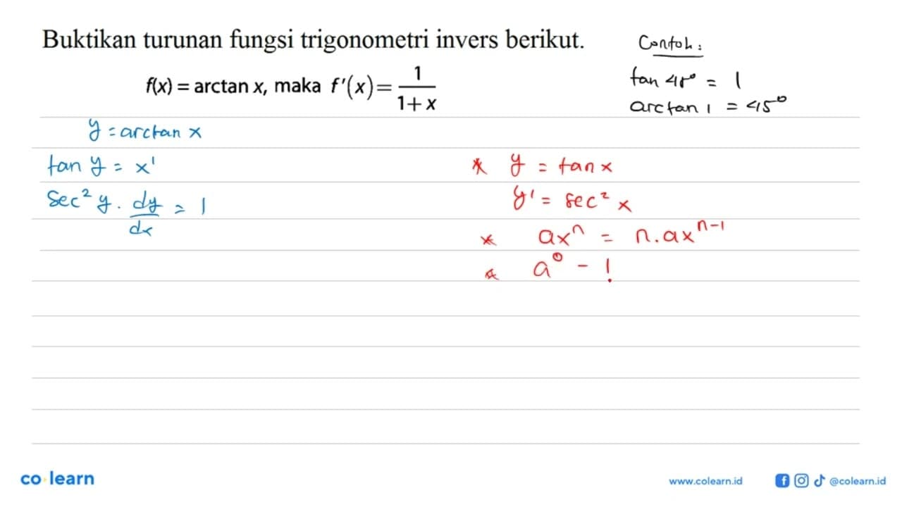 Buktikan turunan fungsi trigonometri invers berikut. f(x) =