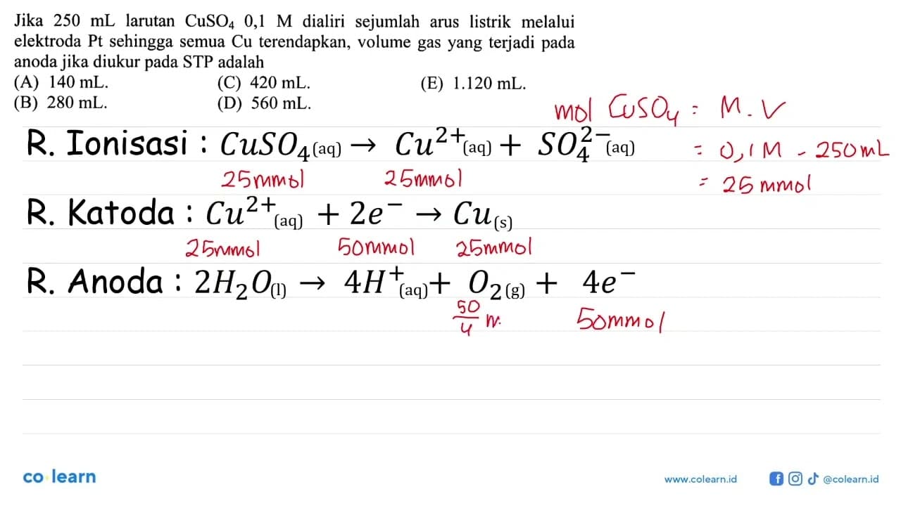 Jika 250 mL larutan CuSO4 0,1 M dialiri sejumlah arus