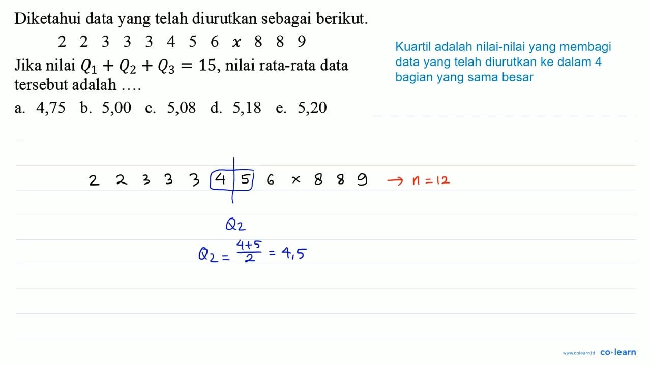 Diketahui data yang telah diurutkan sebagai berikut. 2 2 3