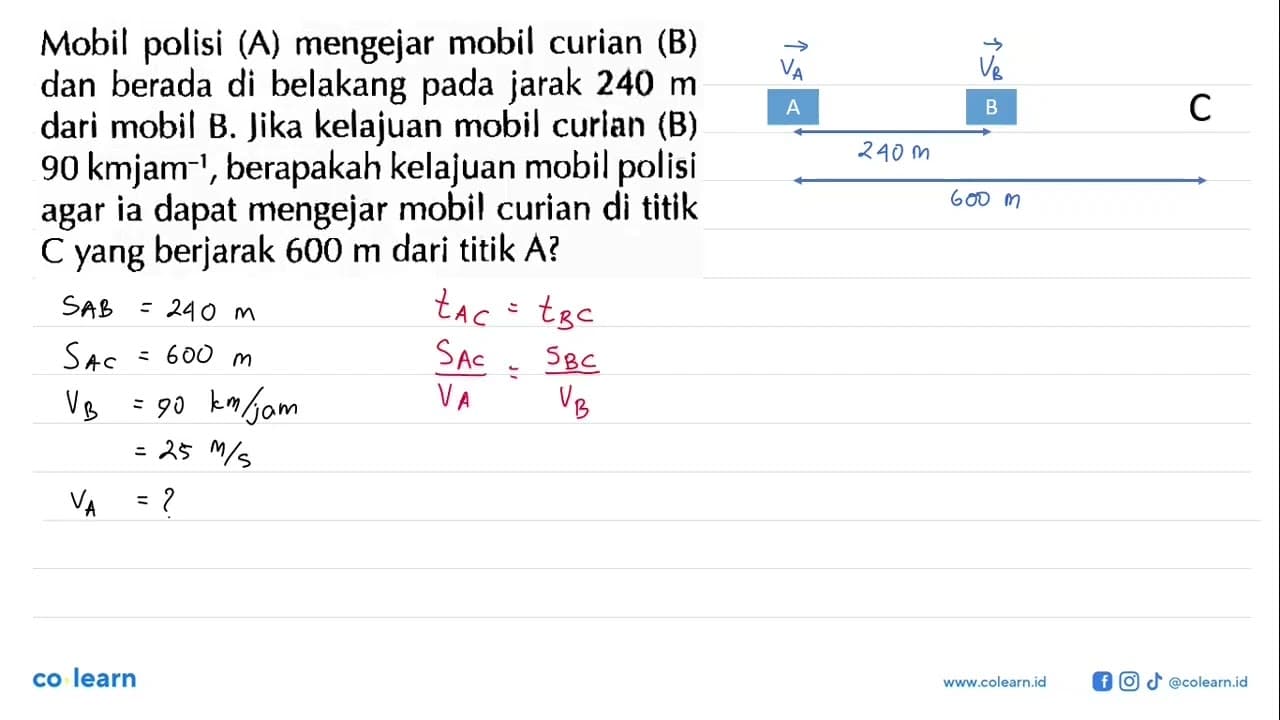 Mobil polisi (A) mengejar mobil curian (B) dan berada di