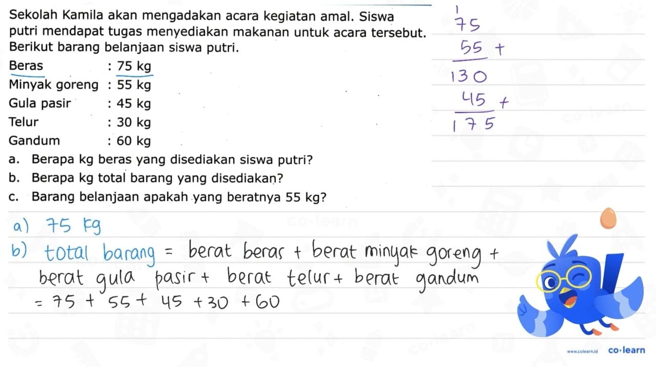 Sekolah Kamila akan mengadakan acara kegiatan amal. Siswa