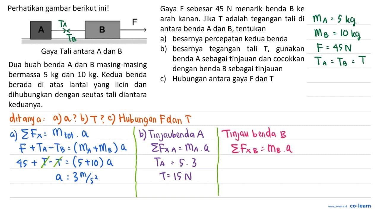 Perhatikan gambar berikut! A B F Gaya tali antara A dan B