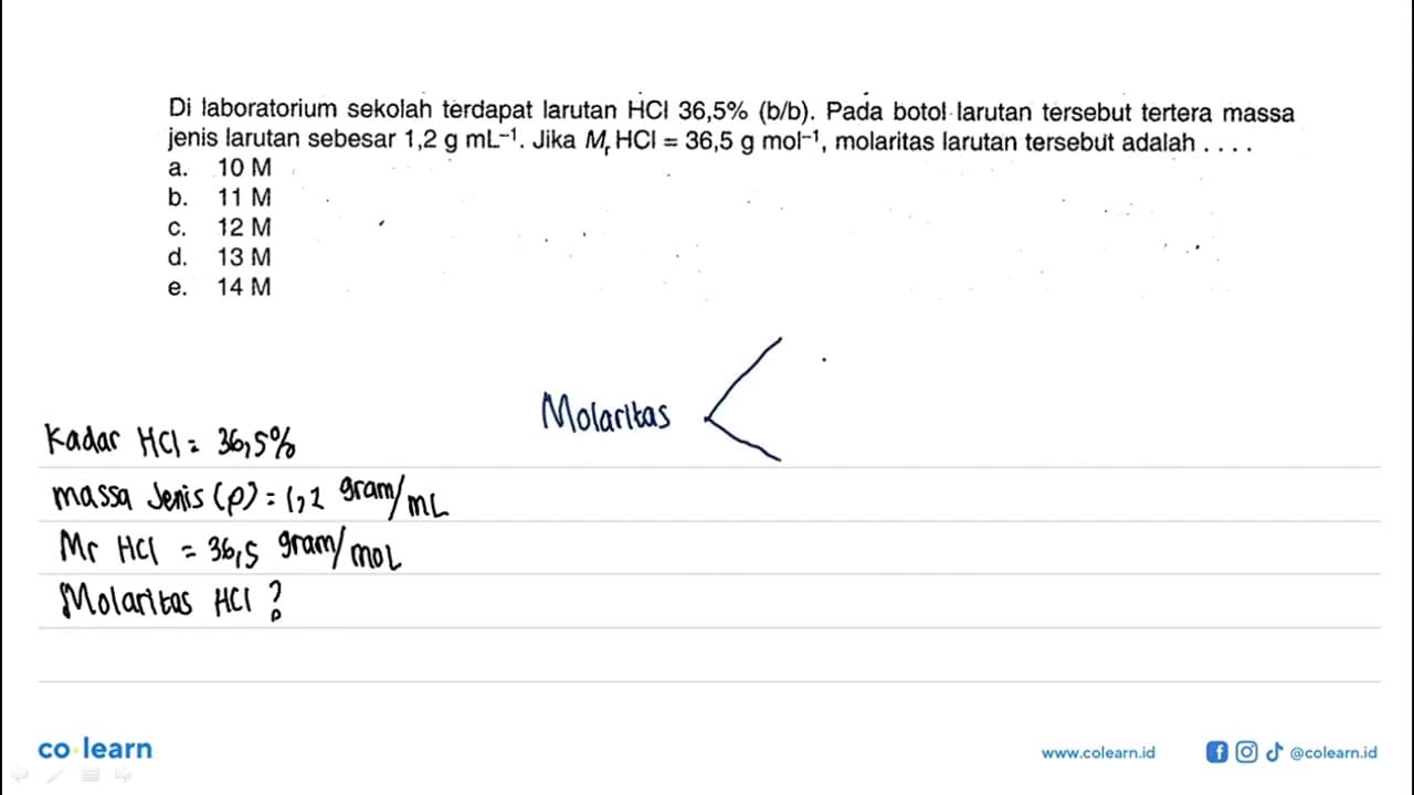 Di laboratorium sekolah terdapat larutan HCl 36,5%(b/b) .