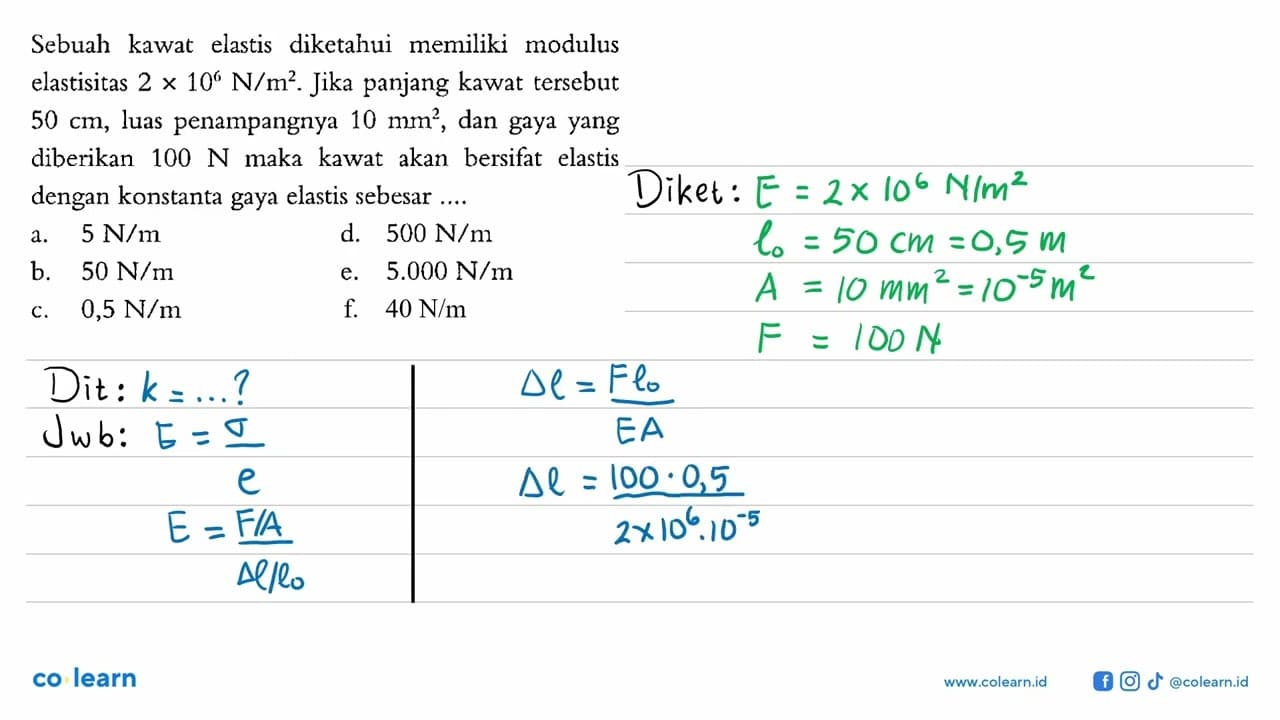 Sebuah kawat elastis diketahui memiliki modulus elastisitas