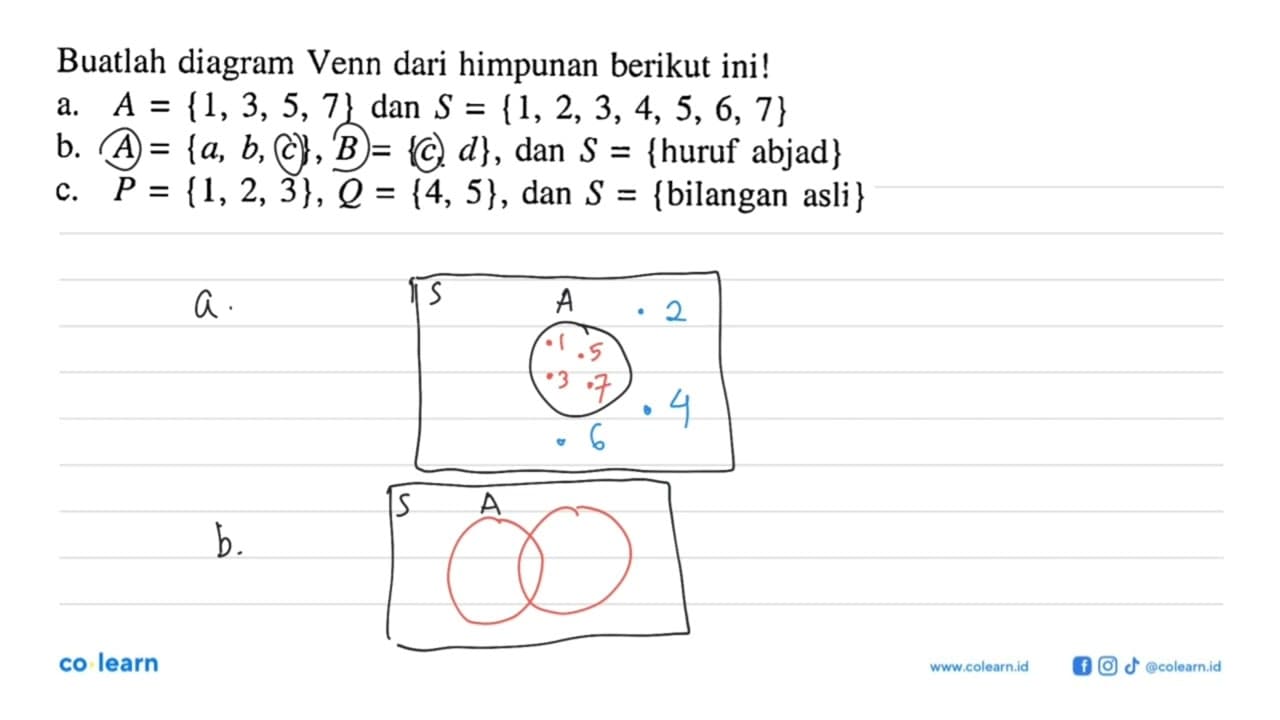 Buatlah diagram Venn dari himpunan berikut ini! a. A = {1,