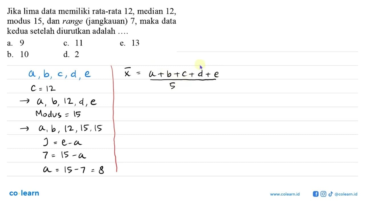 Jika lima data memiliki rata-rata 12, median 12, modus 15,