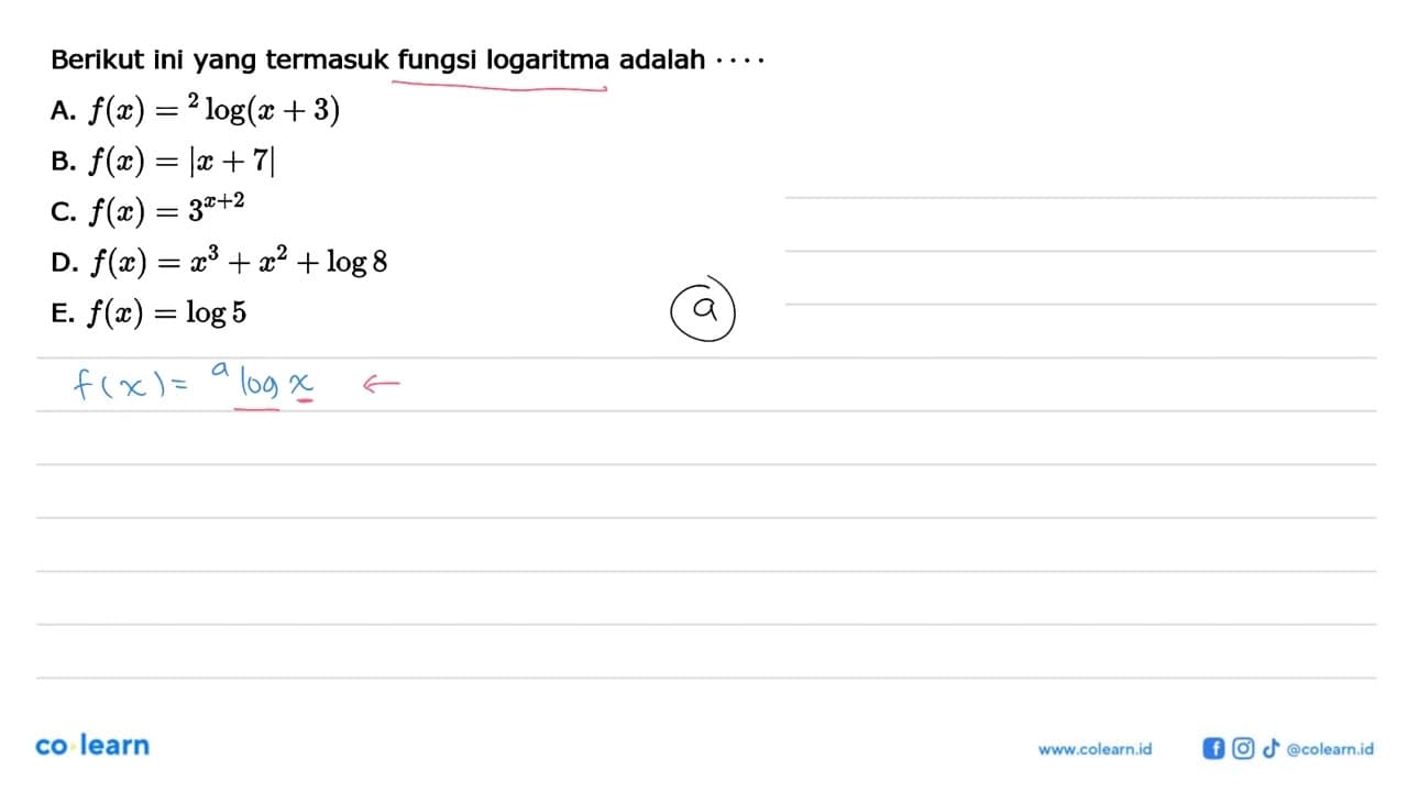 Berikut ini yang termasuk fungsi logaritma adalah ....