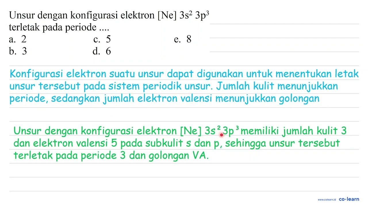 Unsur dengan konfigurasi elektron [Ne] 3 s^(2) 3 p^(3)