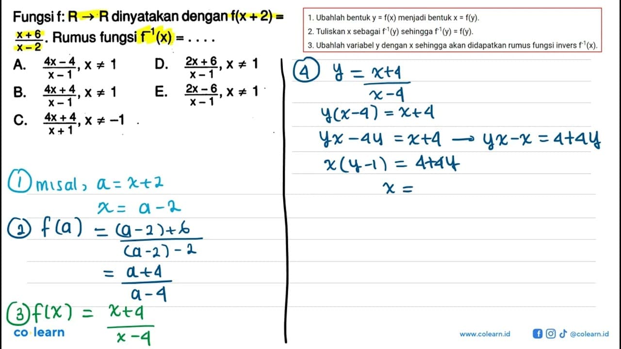 Fungsi f:R->R dinyatakan dengan f(x+2)=(x+6)/(x-2). Rumus