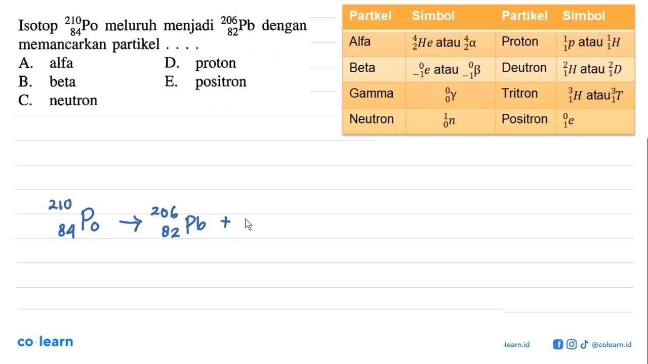 Isotop 210 84 Po meluruh menjadi 206 82 Pb dengan