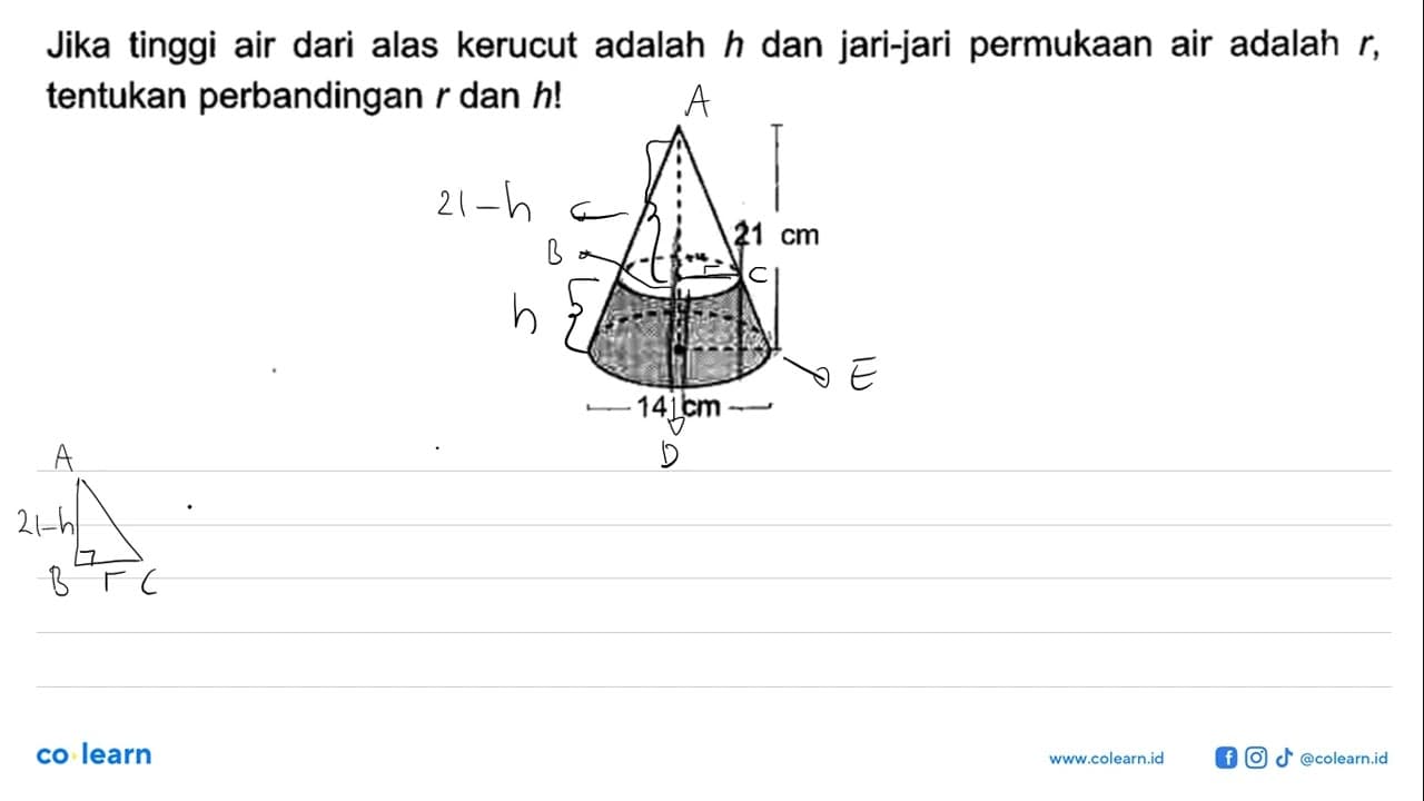 Jika tinggi air dari alas kerucut adalah h dan jari-jari