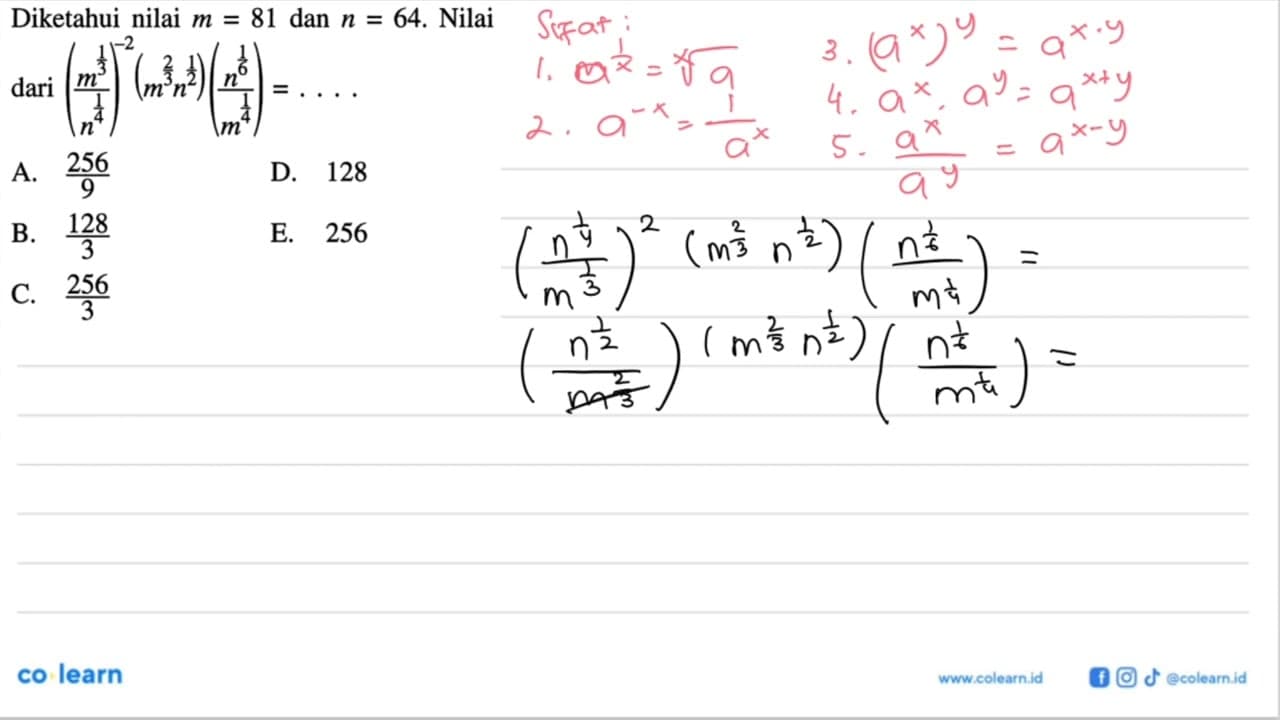 Diketahui nilai m=81 dan n=64. Nilai dari