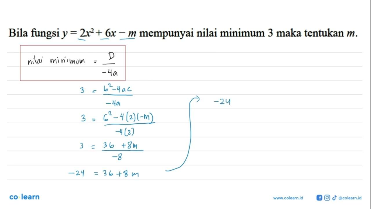 Bila fungsi y = 2x^2+ 6x - m mempunyai nilai minimum 3 maka