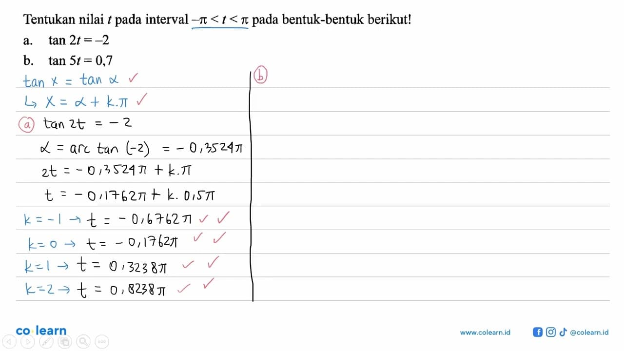 Tentukan nilai t pada interval -pi < t < pi pada