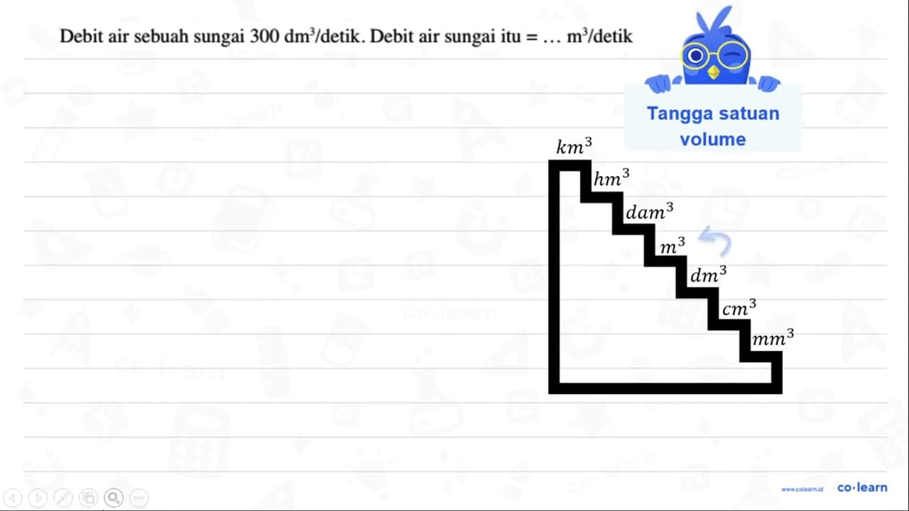 Debit air sebuah sungai 300 dm^3/detik. Debit air sungai