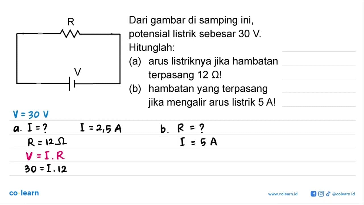 Dari gambar di samping ini, potensial listrik sebesar 30 V.