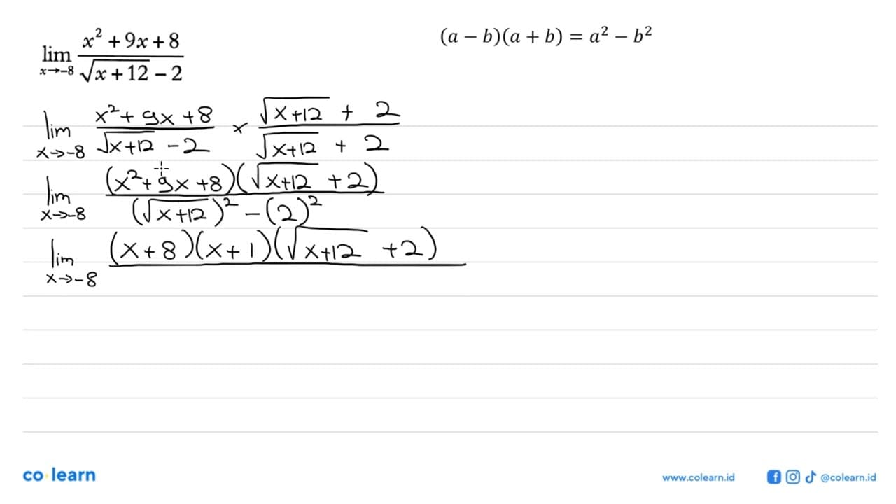 lim x->-8 (x^2+9x+8)/(akar(x+12)-2)