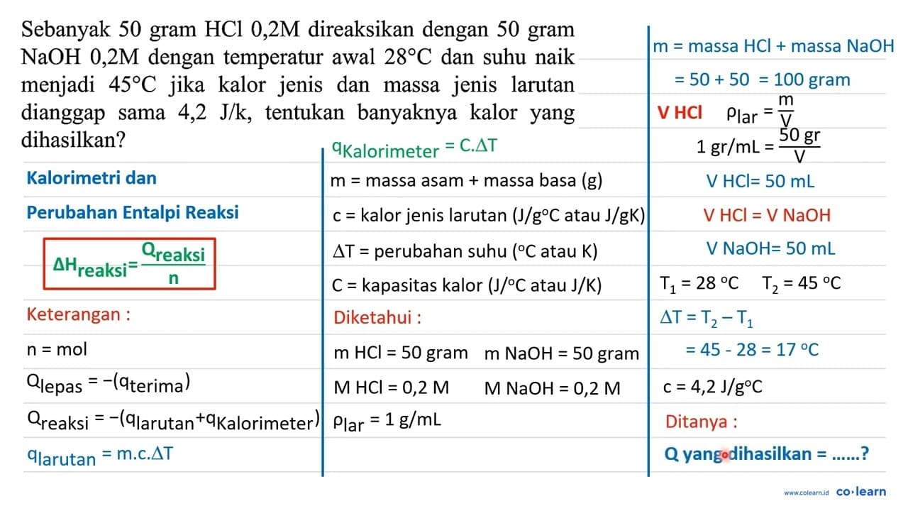 Sebanyak 50 gram HCl 0,2 M direaksikan dengan 50 gram NaOH