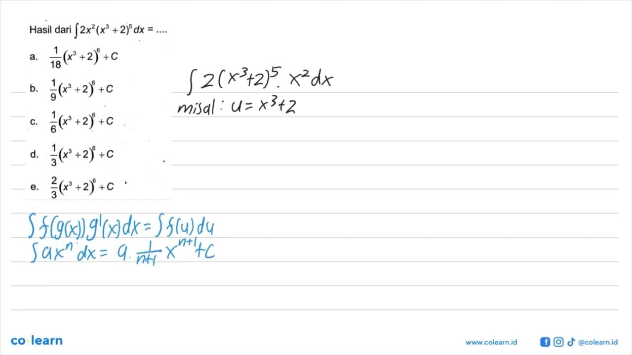 Hasil dari integral 2x^2(x^3+2)^5 dx=....