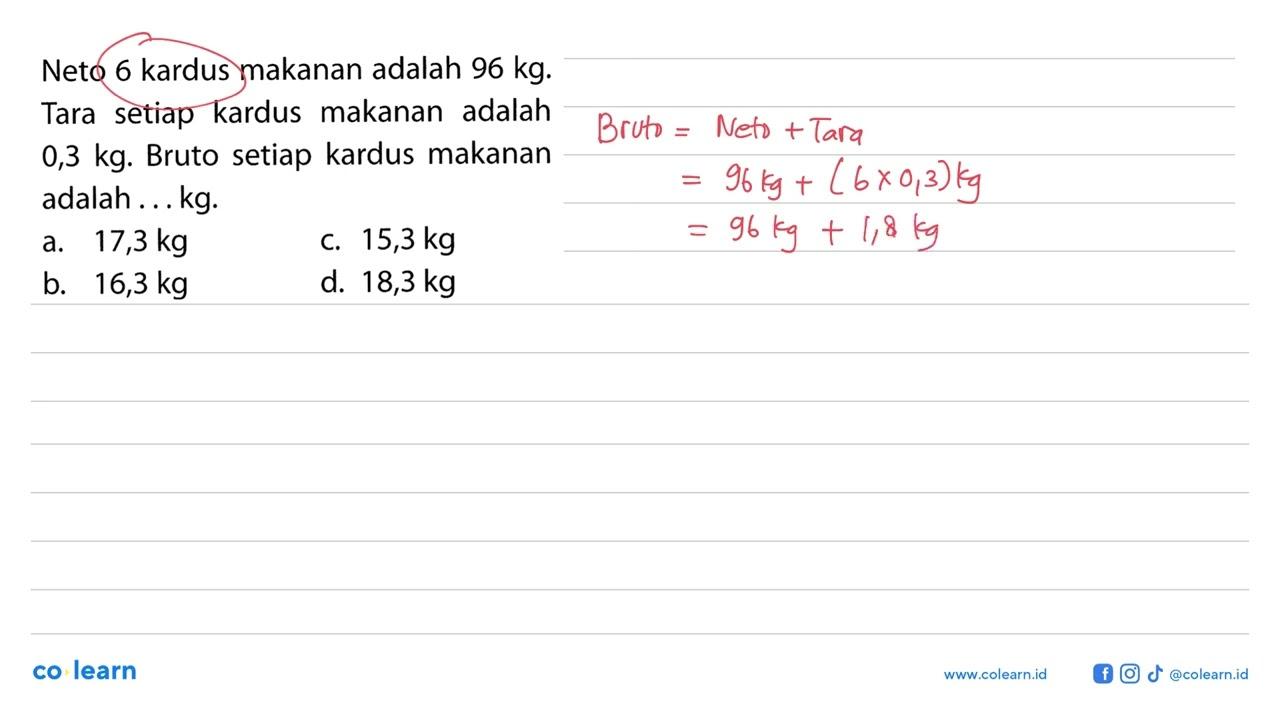 Neto 6 kardus makanan adalah 96 kg . Tara setiap kardus