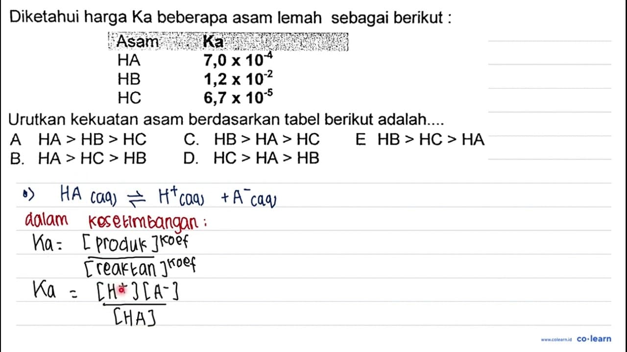 Diketahui harga Ka beberapa asam lemah sebagai berikut : {