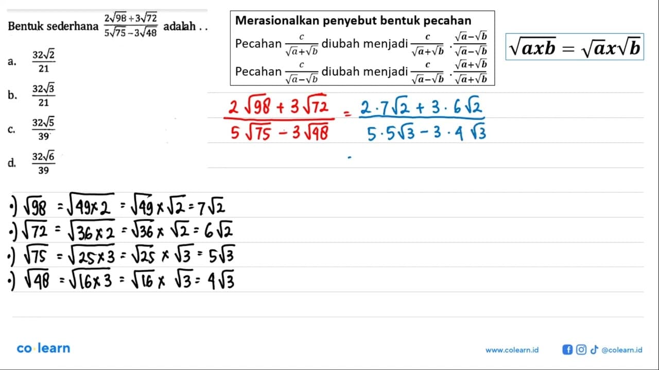 Bentuk sederhana ( 2 akar(98) + 3 akar(72) ) / ( 5 akar(75)