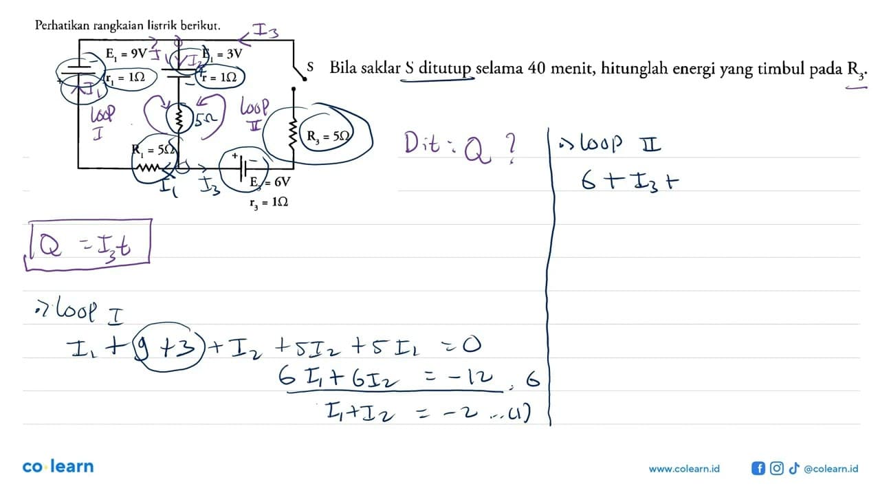 Perhatikan rangkaian listrik berikut. E1 = 9V E1 = 3V r1 =